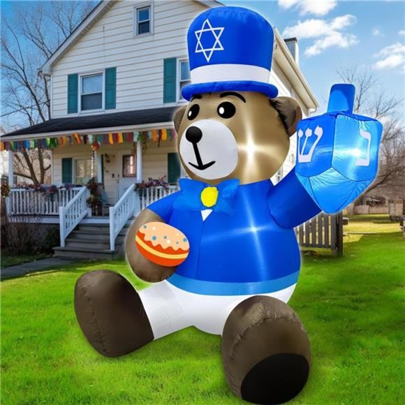 5 Ft Hanukkah Inflatable Outdoor Decor Bear Holds Dreidel Doughnut with Lights - Picture 6 of 6